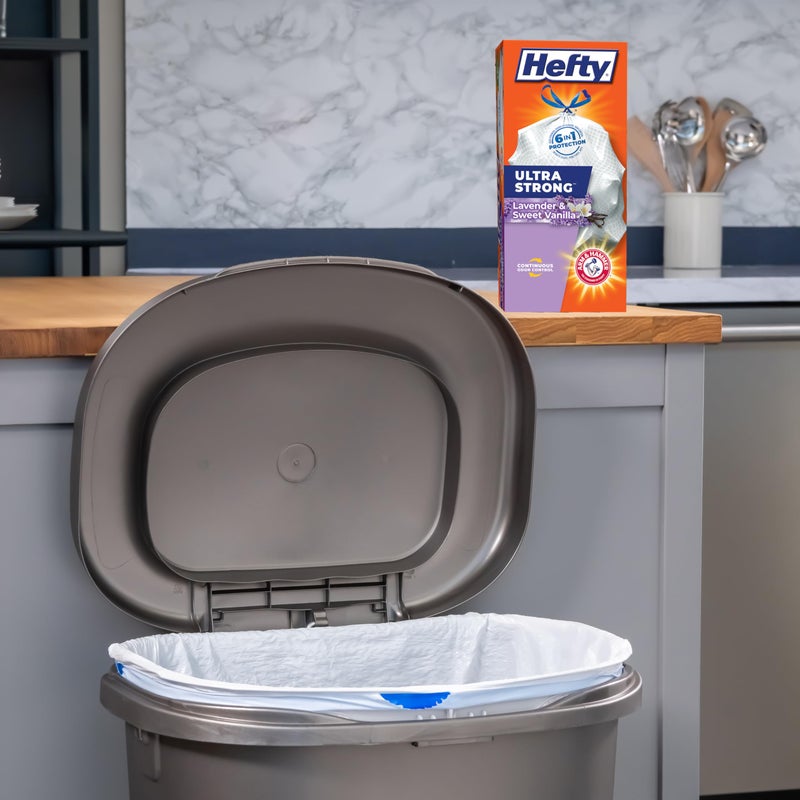 Hefty Ultra Strong 13 Gallon Trash Bags, Tall Kitchen Trash Bags 13 Gallon Size, Drawstring Closure, Continuous Odor Control, White, Lavender and Sweet Vanilla Scent, 40 Bags - Image 2